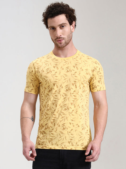 Buff Yellow Printed Slim Fit T-Shirt | Greenfibre