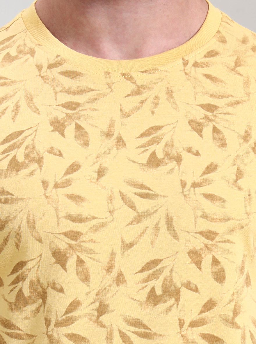 Buff Yellow Printed Slim Fit T-Shirt | Greenfibre