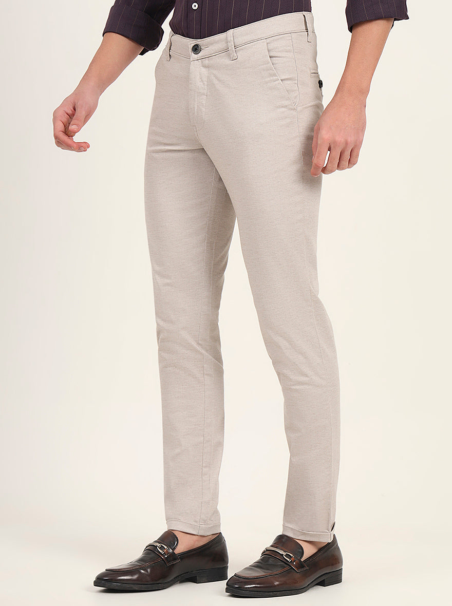 Cream Solid Slim Fit Casual Trouser | Greenfibre