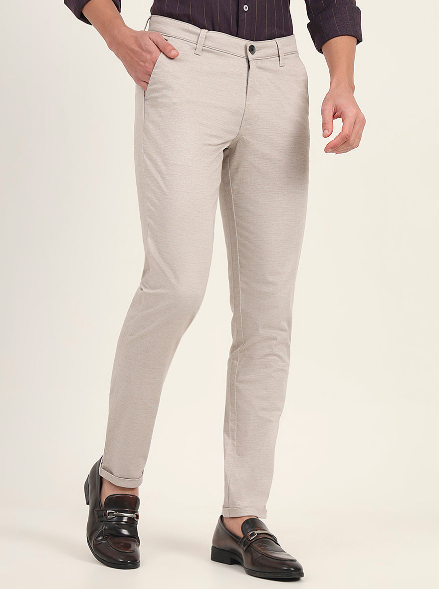 Cream Solid Slim Fit Casual Trouser | Greenfibre