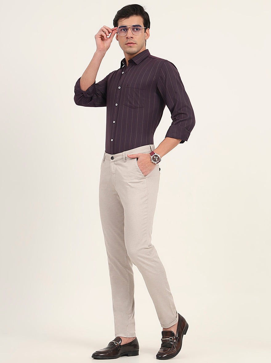 Cream Solid Slim Fit Casual Trouser | Greenfibre
