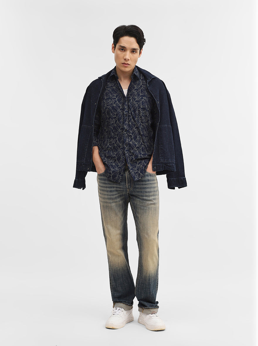 Navy Blue Printed Tailored Fit Semi Casual Shirt | Greenfibre