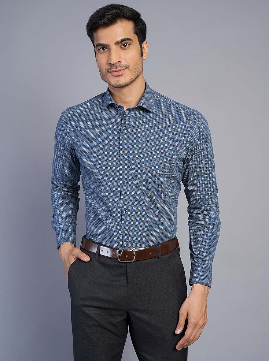 Blue Printed Slim Fit Formal Shirt | Greenfibre