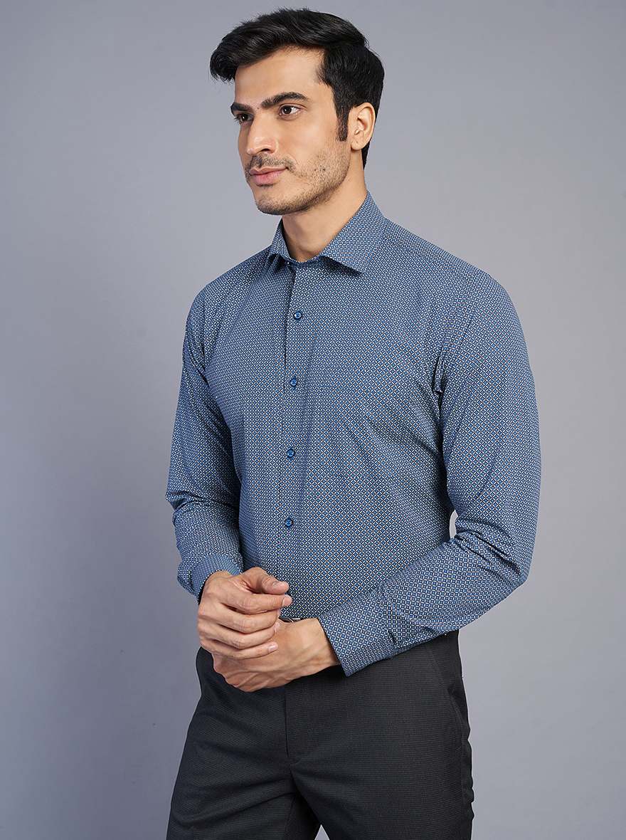 Blue Printed Slim Fit Formal Shirt | Greenfibre