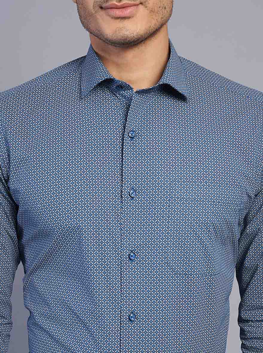 Blue Printed Slim Fit Formal Shirt | Greenfibre