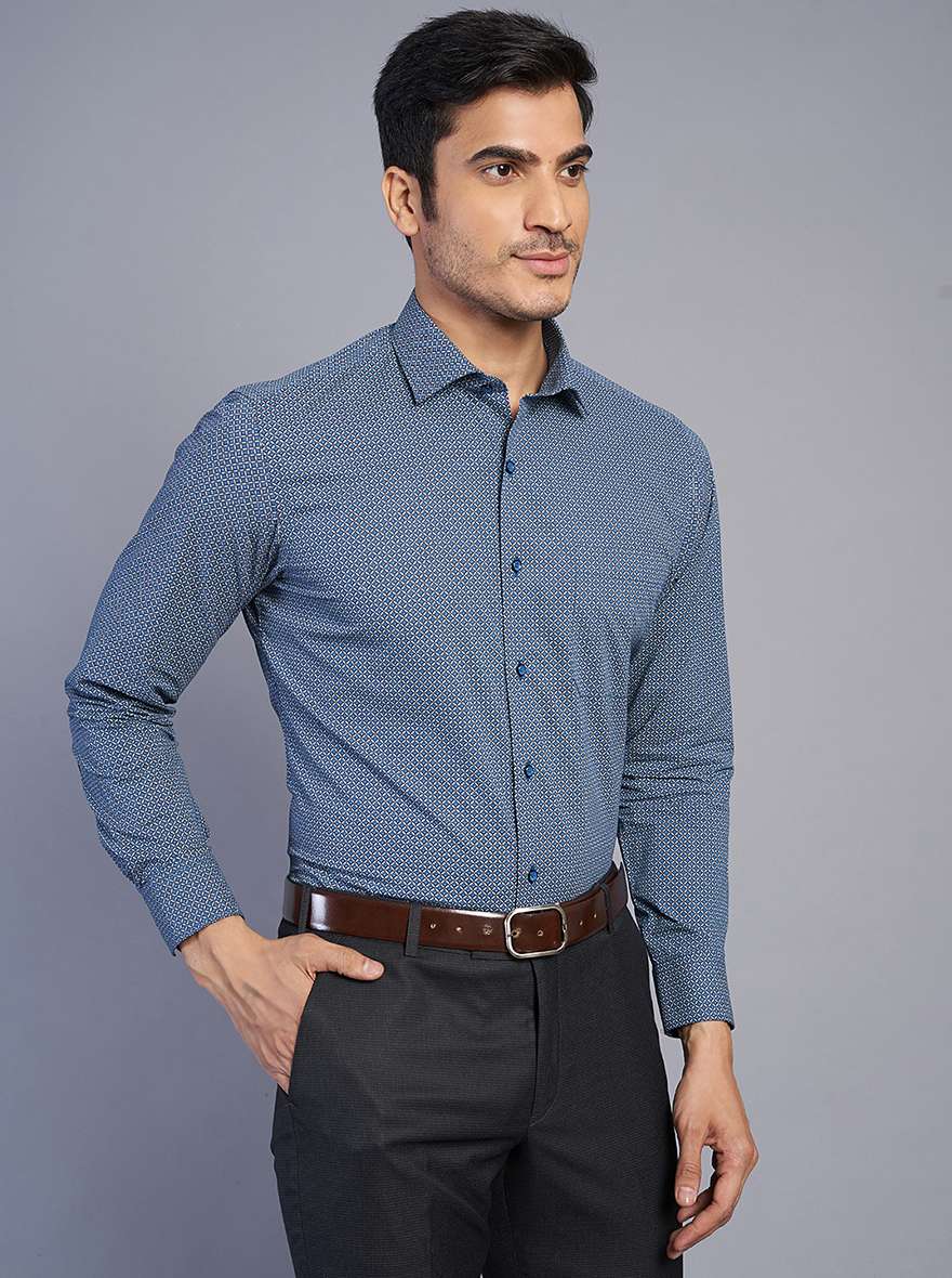 Blue Printed Slim Fit Formal Shirt | Greenfibre