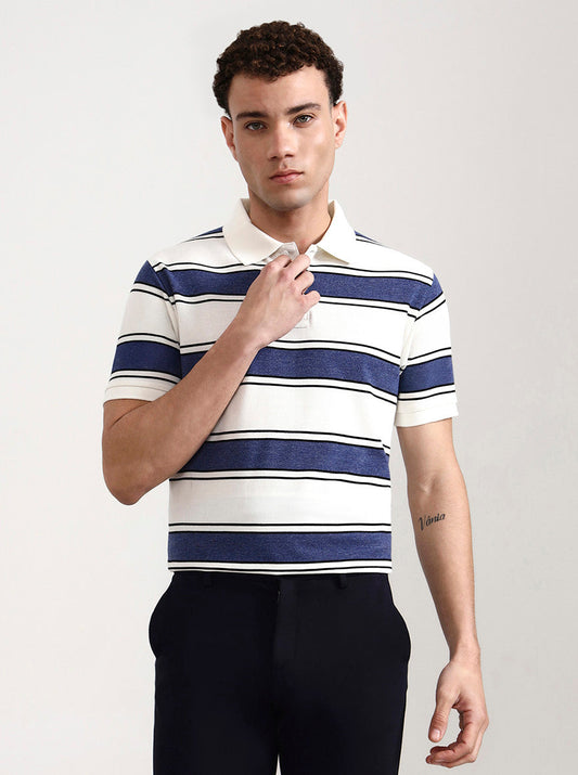 Blue & White Striped Slim Fit Polo T-Shirt | Greenfibre