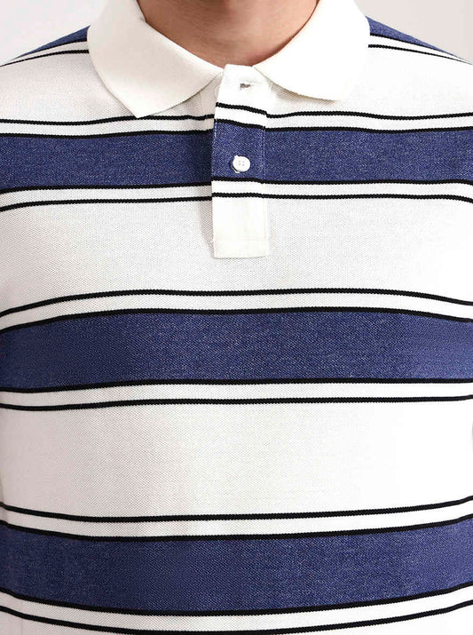 Blue & White Striped Slim Fit Polo T-Shirt | Greenfibre