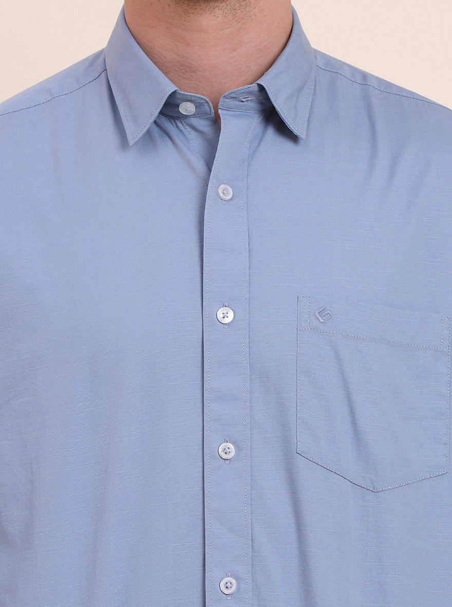 Blue Solid Slim Fit Semi Casual Shirt | Greenfibre