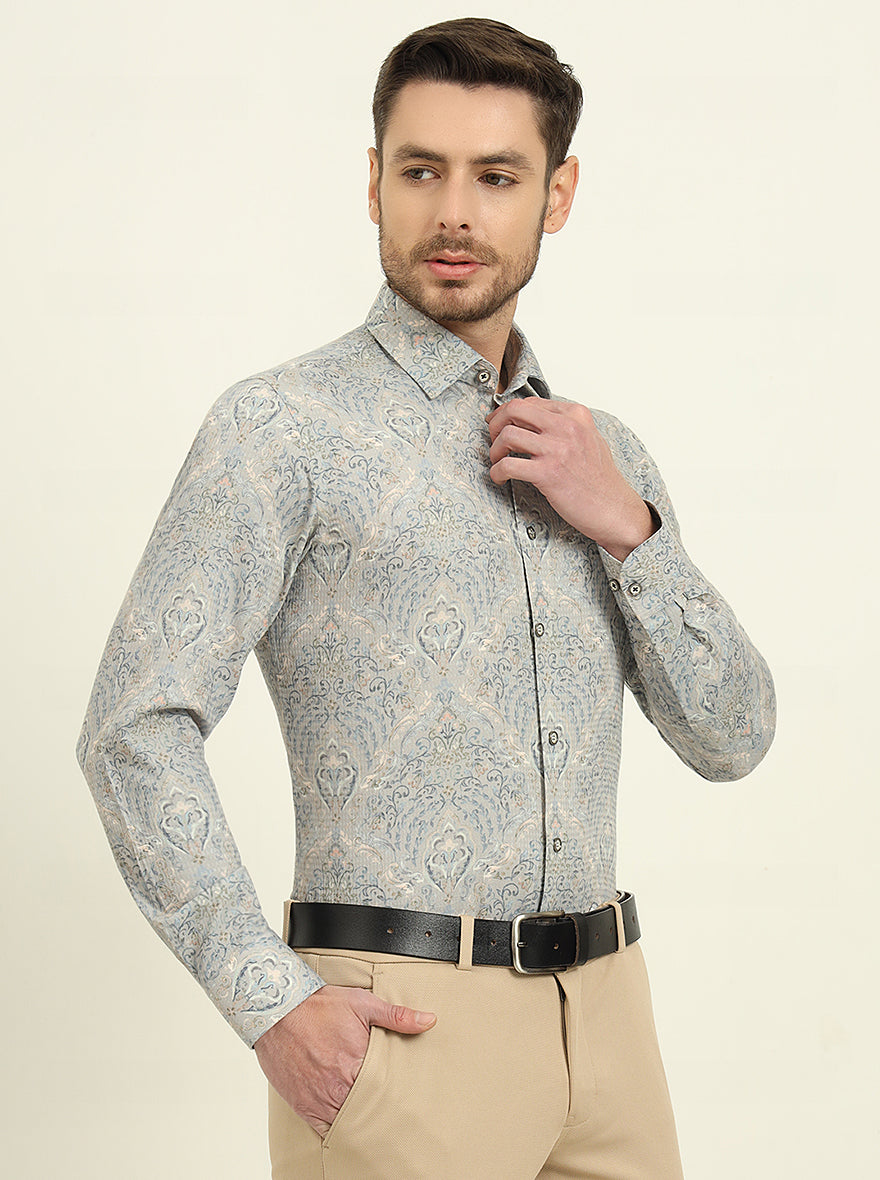 Grey & Blue Printed Slim Fit Party Wear Shirt | Wyre