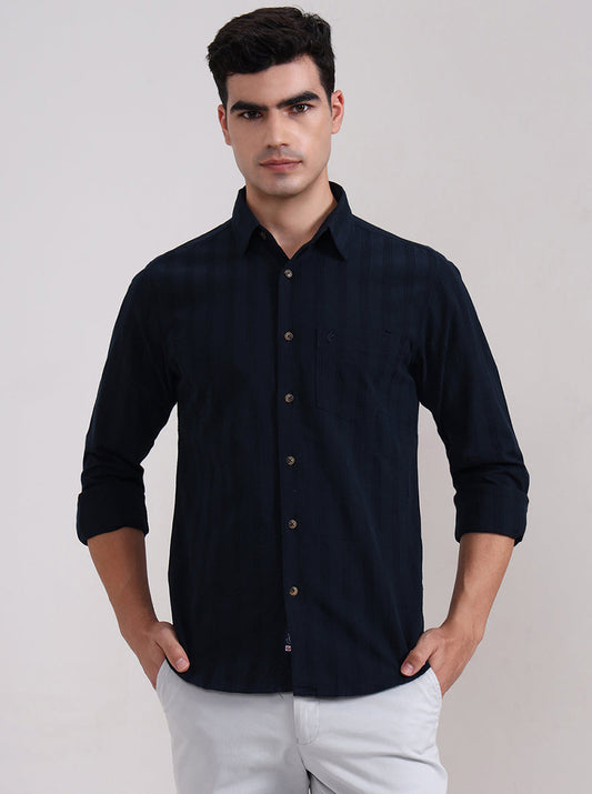 Dark Navy Blue Striped Slim Fit Casual Shirt | Greenfibre