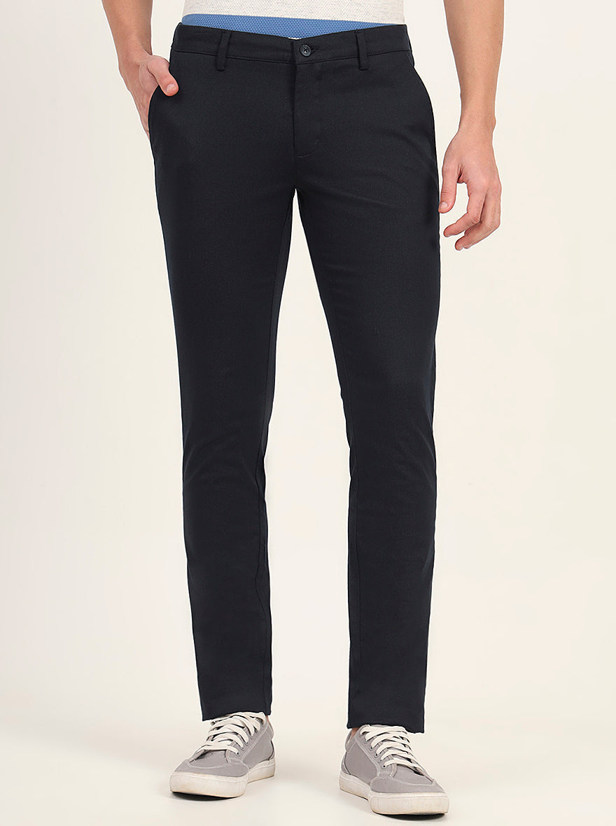 Navy Blue Printed Super Slim Fit Casual Trouser | Greenfibre