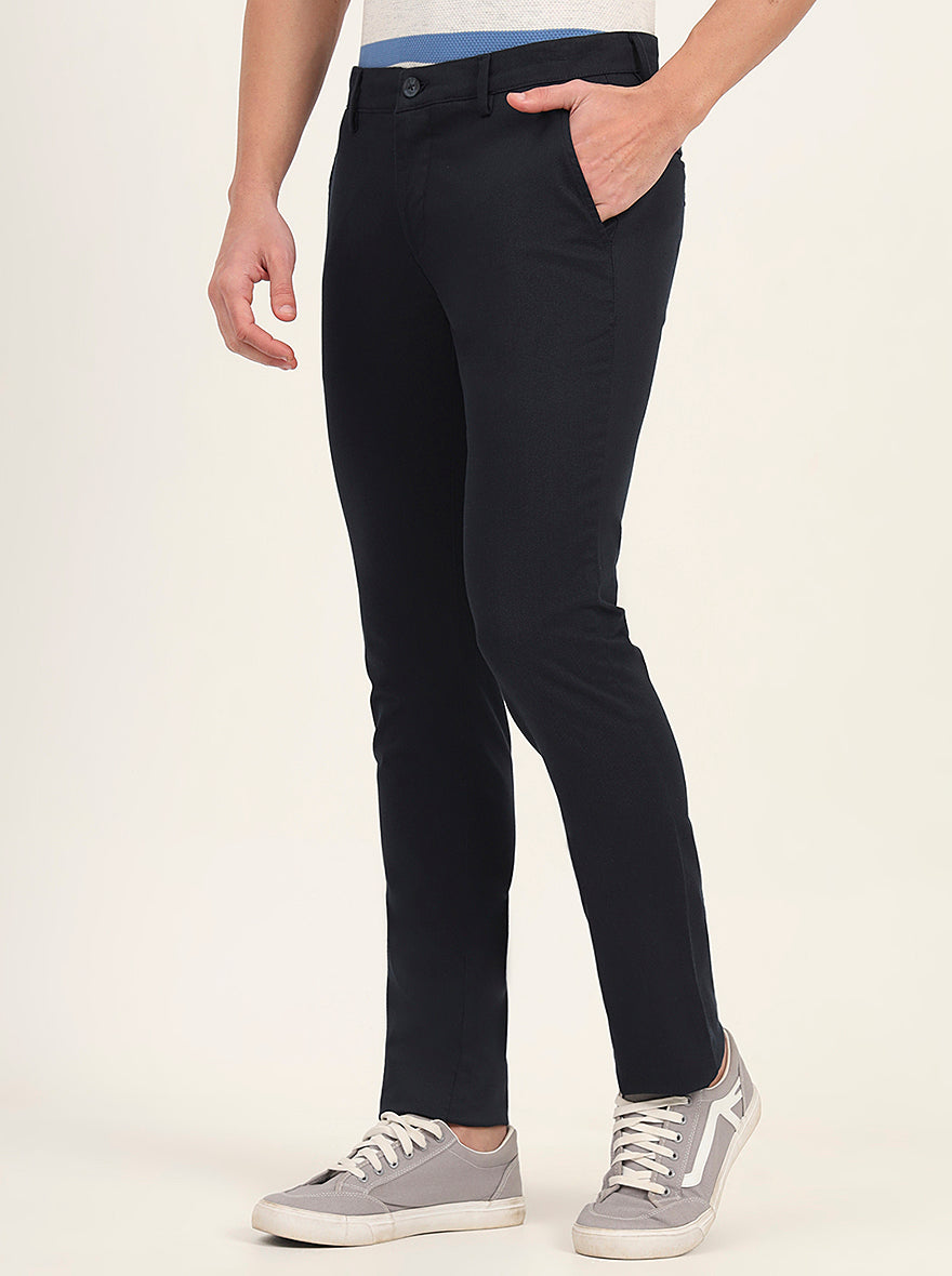 Navy Blue Printed Super Slim Fit Casual Trouser | Greenfibre