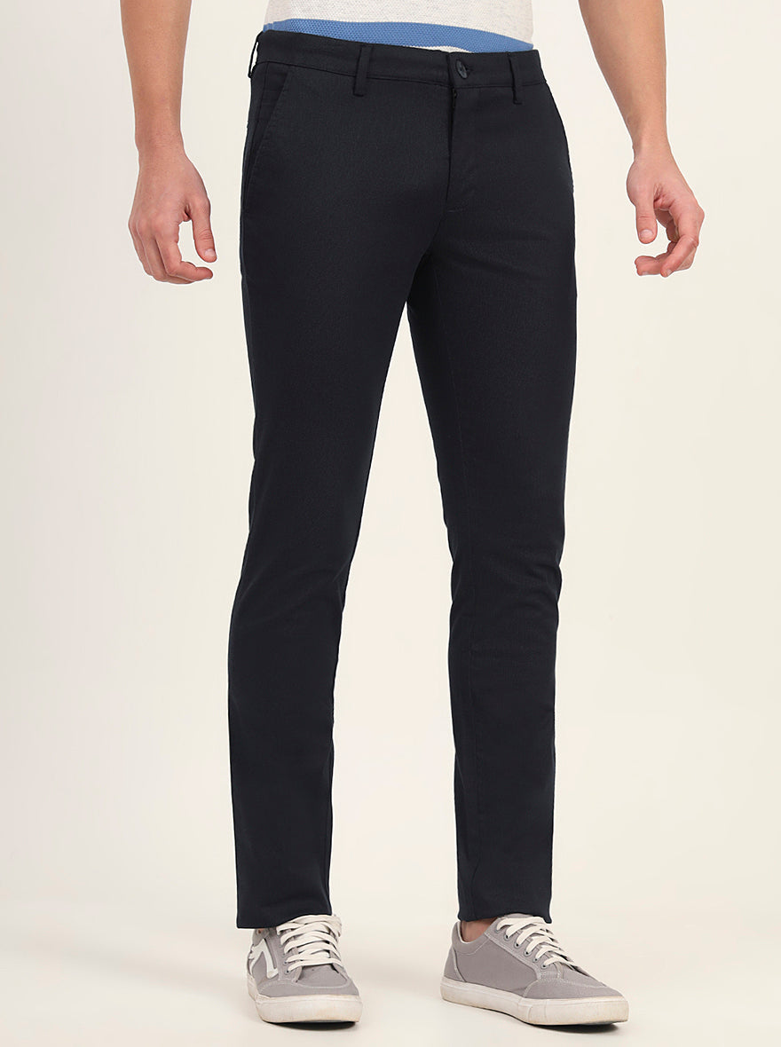 Navy Blue Printed Super Slim Fit Casual Trouser | Greenfibre