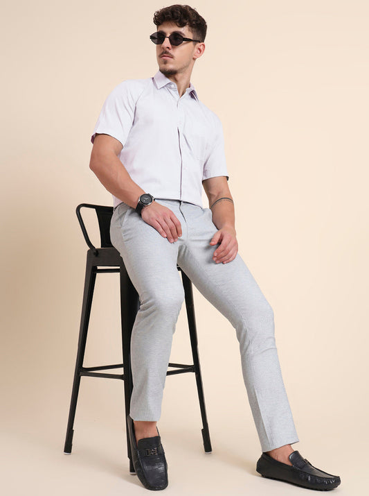 Light Blue Printed Super Slim Fit Casual Trouser | Greenfibre