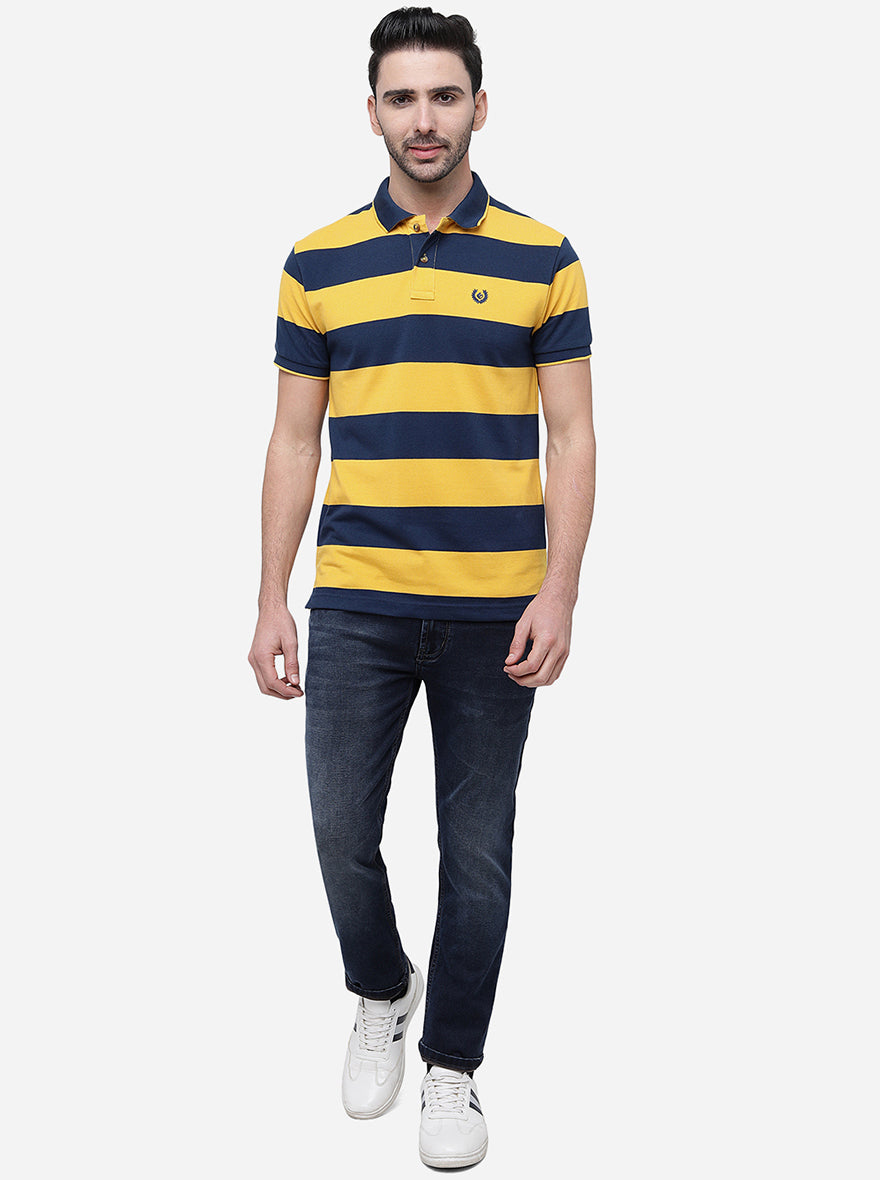 Yellow & Navy Striped Slim Fit Polo T-Shirt | Greenfibre