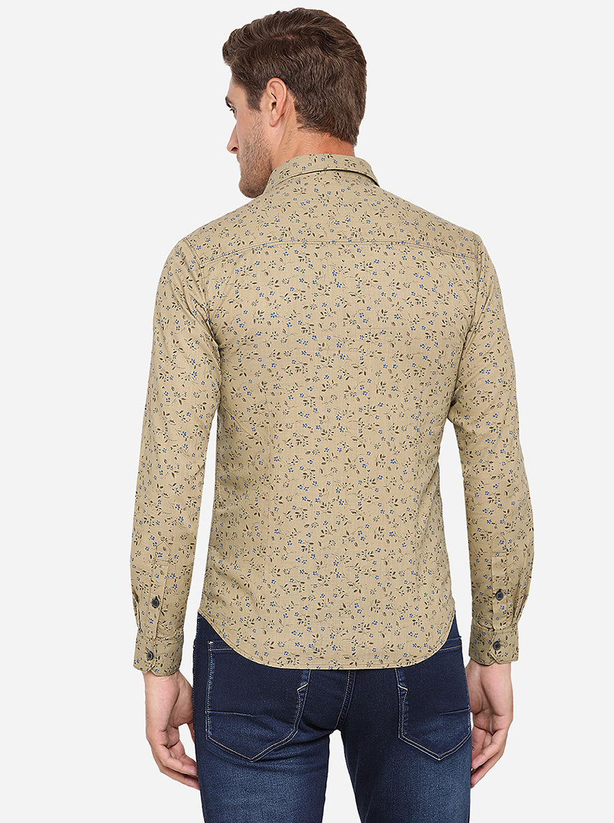 Beige Printed Slim Fit Casual Shirt | Greenfibre