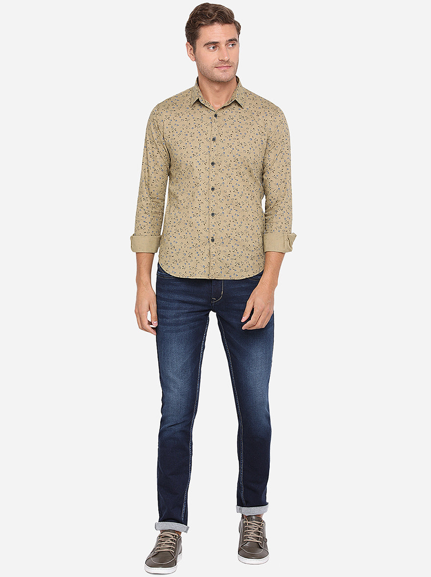 Beige Printed Slim Fit Casual Shirt | Greenfibre