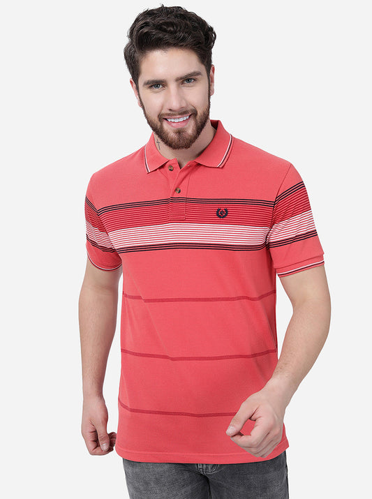 Coral Orange Striped Slim Fit Polo T-Shirt | Greenfibre