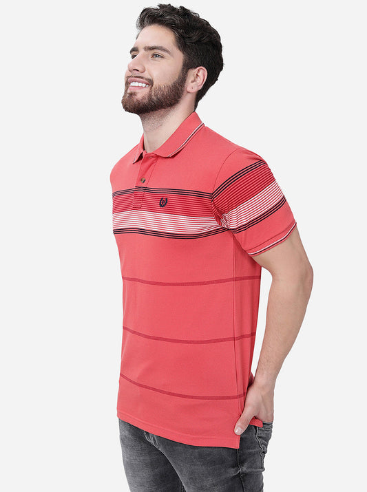 Coral Orange Striped Slim Fit Polo T-Shirt | Greenfibre