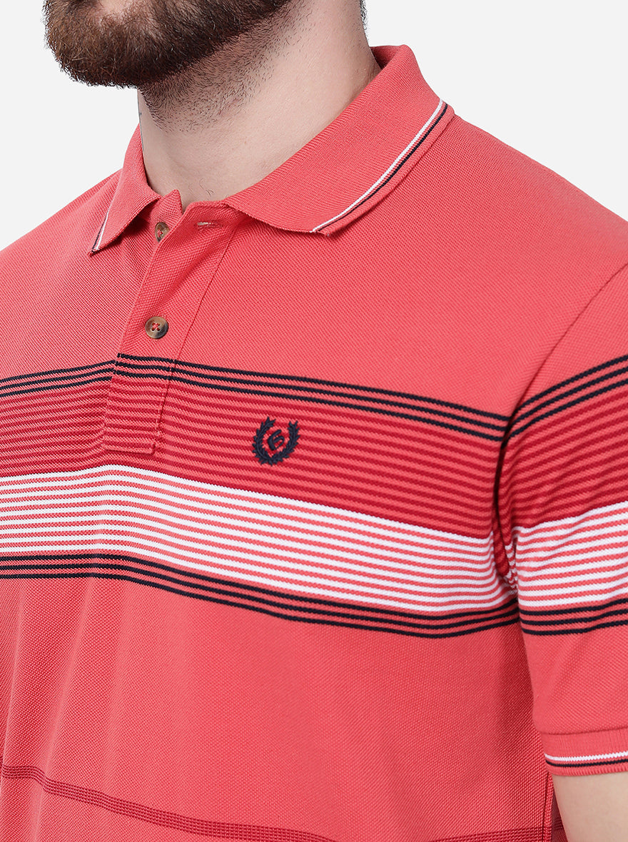Coral Orange Striped Slim Fit Polo T-Shirt | Greenfibre