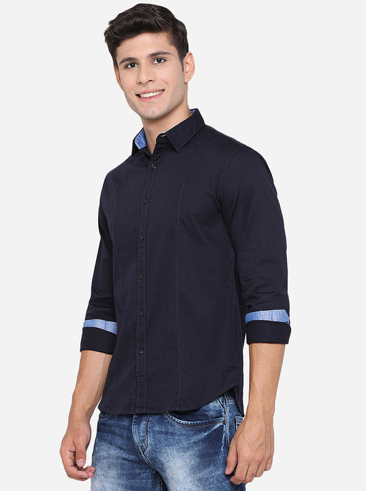Dark Blue Solid Slim Fit Semi Casual Shirt | Greenfibre