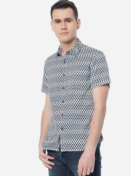 Blue & White Printed Slim Fit Semi Casual Shirt | Greenfibre