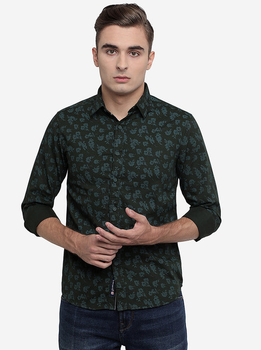 Olive Green Printed Slim Fit Semi Casual Shirt | Greenfibre