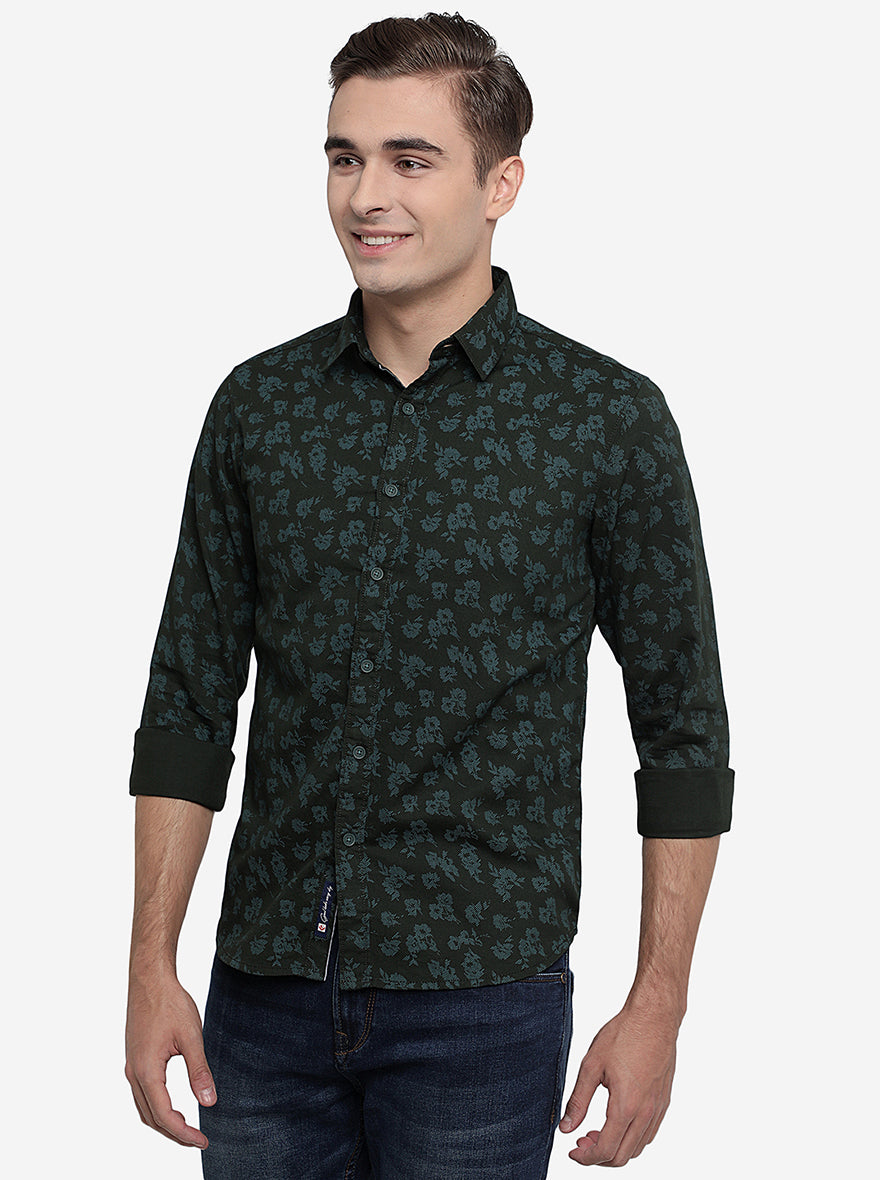 Olive Green Printed Slim Fit Semi Casual Shirt | Greenfibre