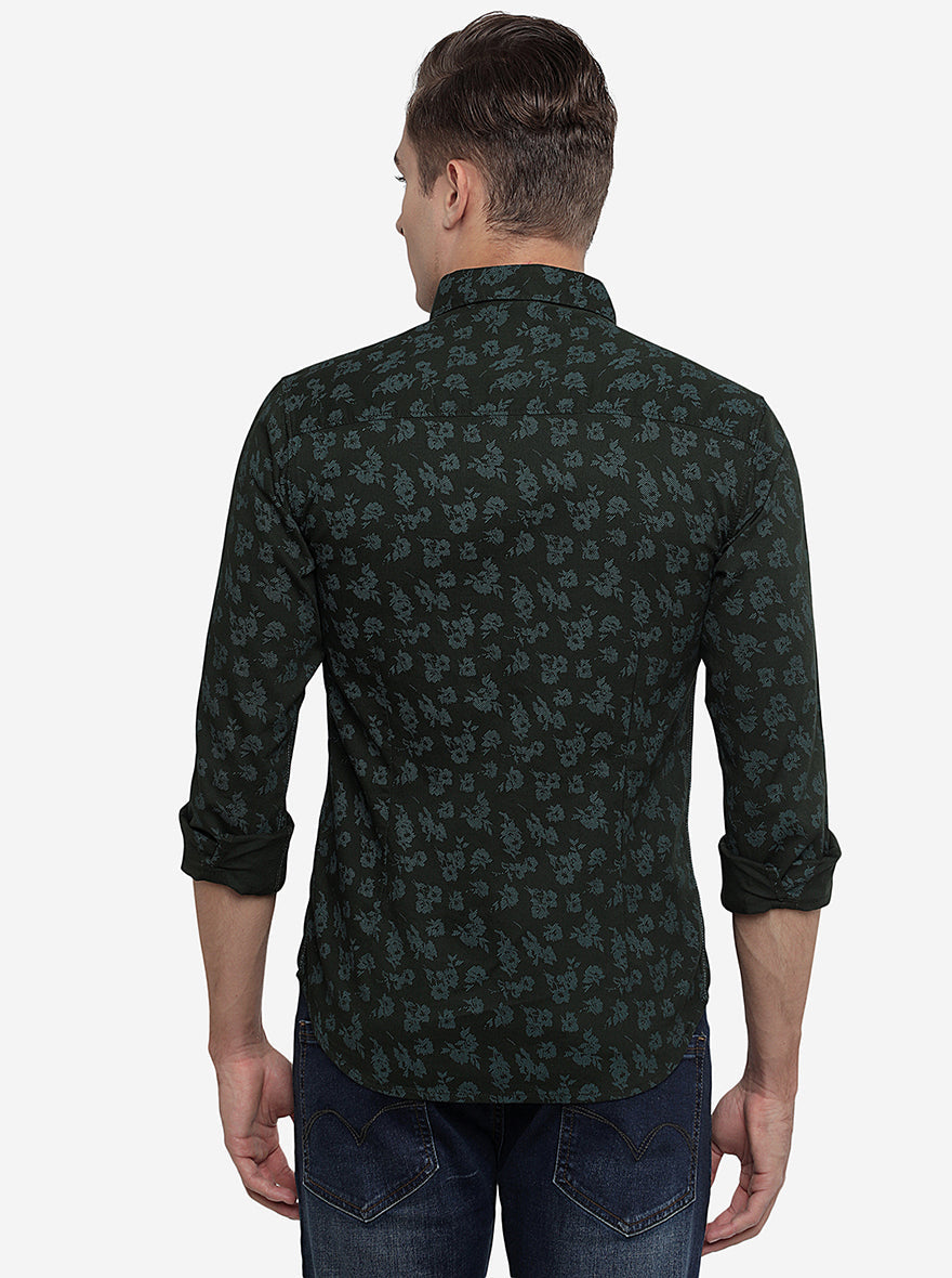 Olive Green Printed Slim Fit Semi Casual Shirt | Greenfibre