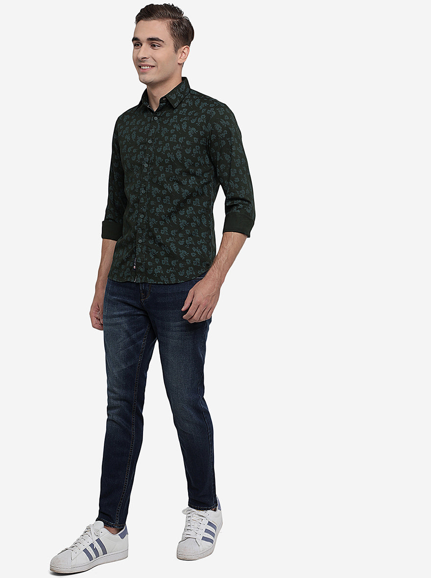 Olive Green Printed Slim Fit Semi Casual Shirt | Greenfibre