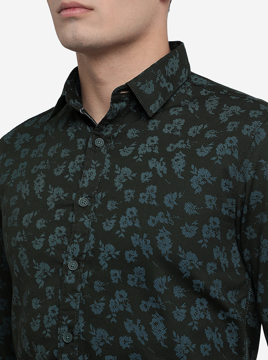 Olive Green Printed Slim Fit Semi Casual Shirt | Greenfibre
