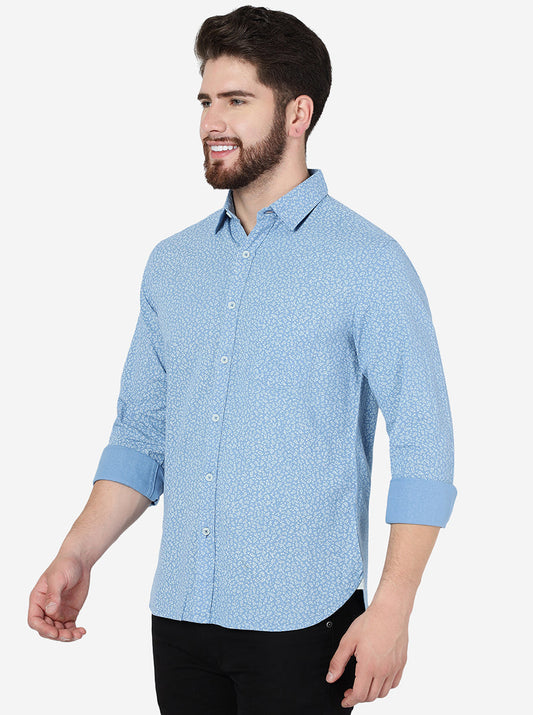 Blue Printed Slim Fit Casual Shirt | Greenfibre