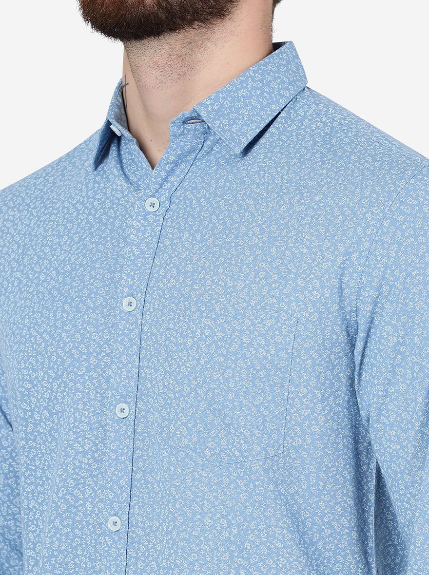 Blue Printed Slim Fit Casual Shirt | Greenfibre