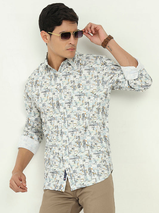 Grey Printed Slim Fit Casual Shirt | Greenfibre