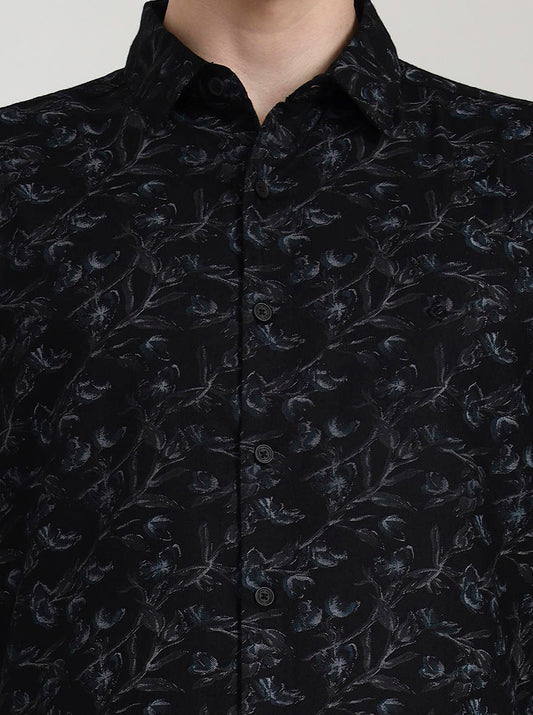 Black Printed Slim Fit Casual Shirt | Greenfibre