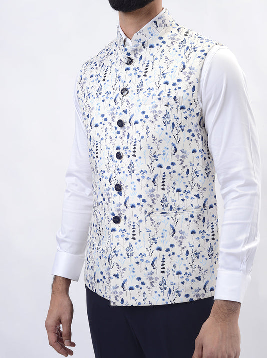 Light Blue Printed Regular Fit Bandhgala Jacket | Greenfibre