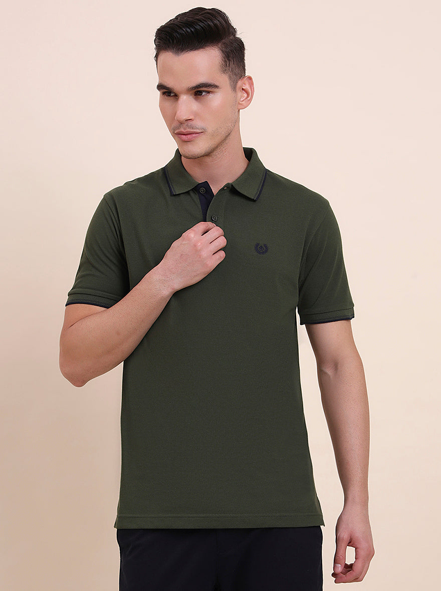 Olive Green Solid Slim Fit Polo T-Shirt | Greenfibre