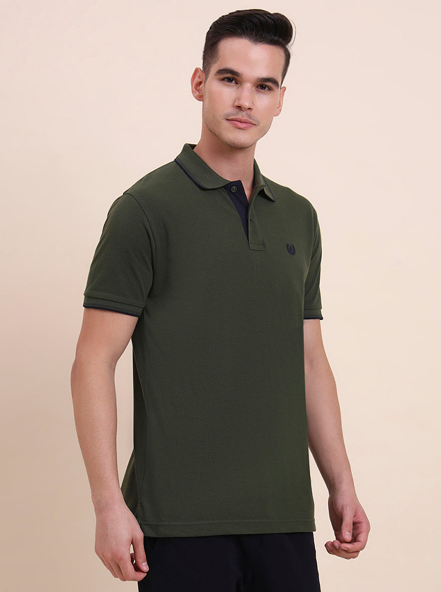Olive Green Solid Slim Fit Polo T-Shirt | Greenfibre