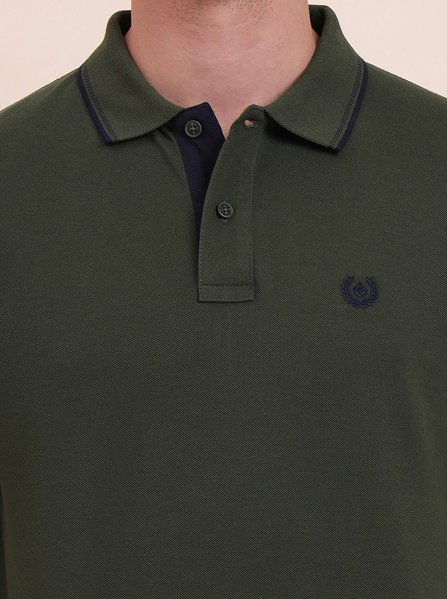 Olive Green Solid Slim Fit Polo T-Shirt | Greenfibre