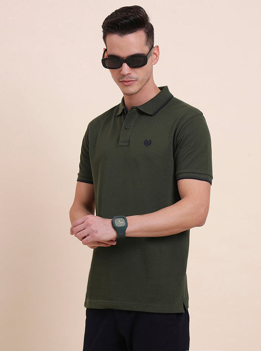 Olive Green Solid Slim Fit Polo T-Shirt | Greenfibre