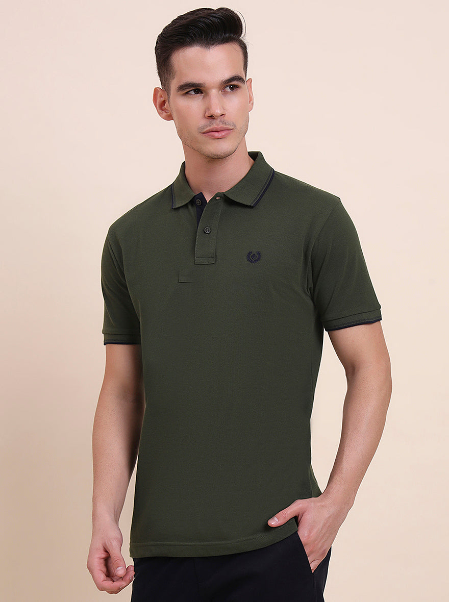 Olive Green Solid Slim Fit Polo T-Shirt | Greenfibre