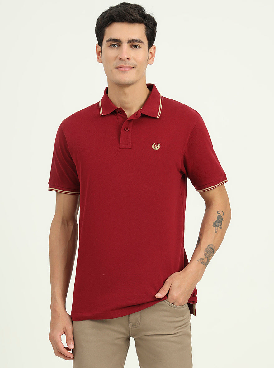Maroon Solid Slim Fit Polo T-Shirt | Greenfibre