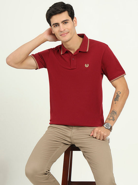 Maroon Solid Slim Fit Polo T-Shirt | Greenfibre