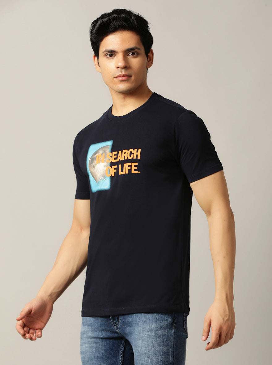 Navy Blue Printed Slim Fit T-Shirt | JadeBlue