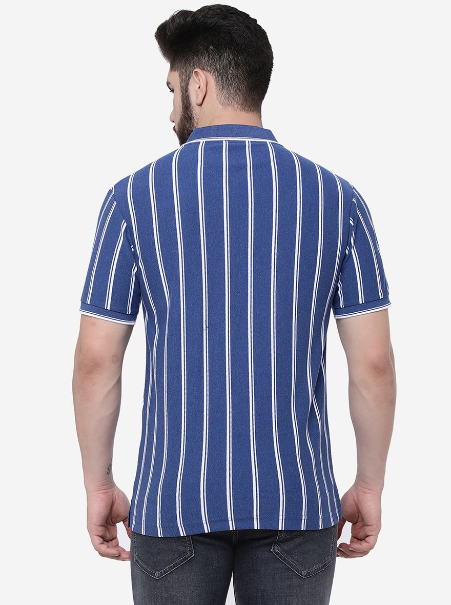 Azure Blue Striped Slim Fit Polo T-Shirt | Greenfibre