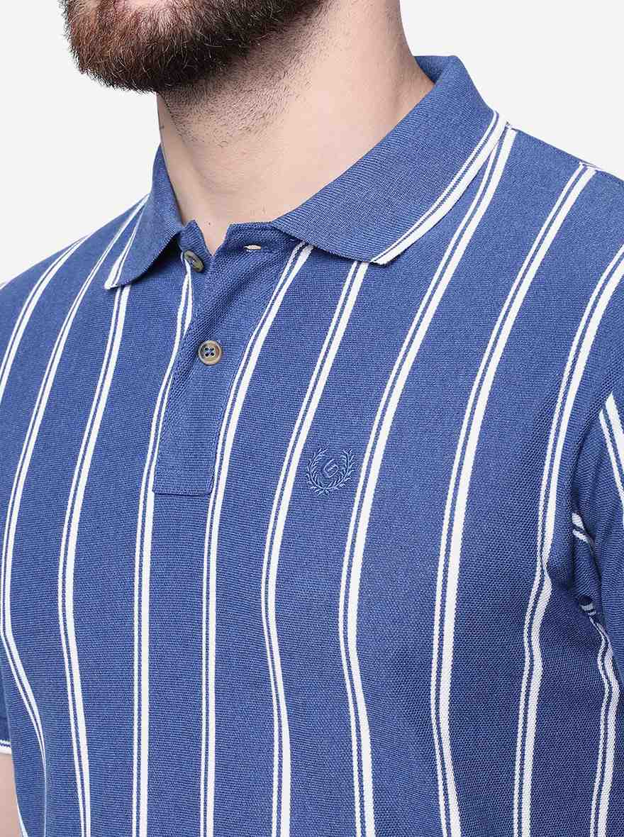 Azure Blue Striped Slim Fit Polo T-Shirt | Greenfibre