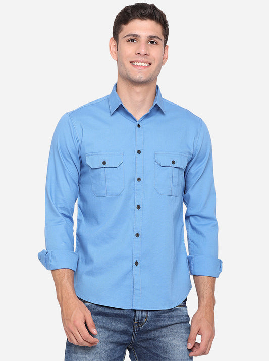 Campanula Blue Solid Slim Fit Semi Casual Shirt | Greenfibre