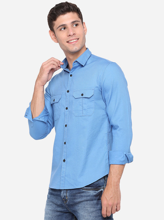 Campanula Blue Solid Slim Fit Semi Casual Shirt | Greenfibre
