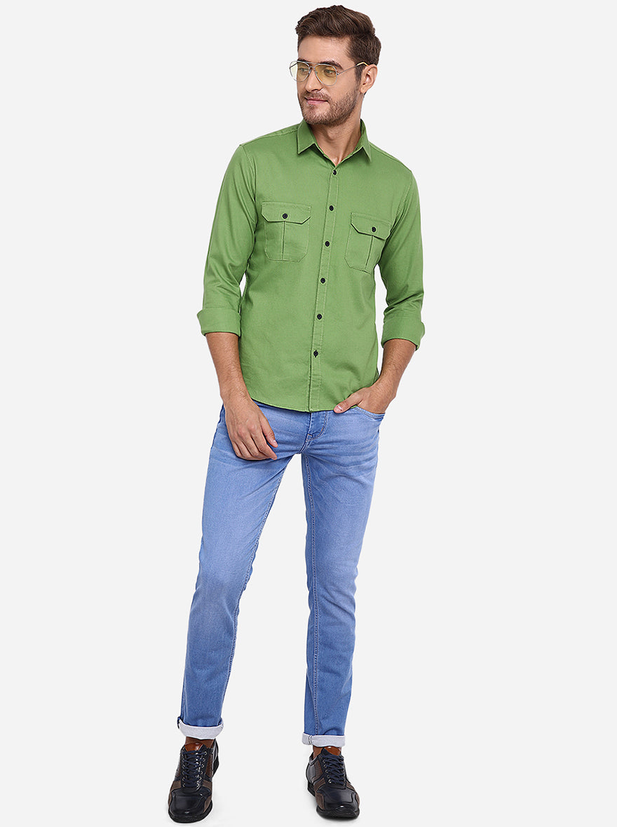 Piquant Green Solid Slim Fit Casual Shirt | Greenfibre